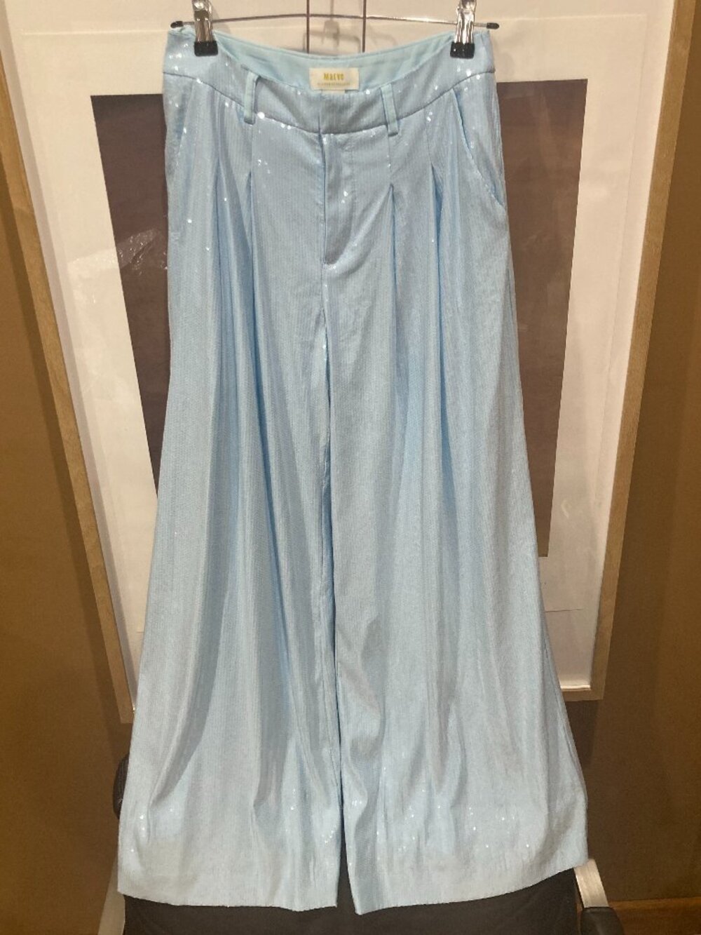 Anthropologie Maeve Avery Sequin Wide Leg Pleated Trousers Light Blue 0P